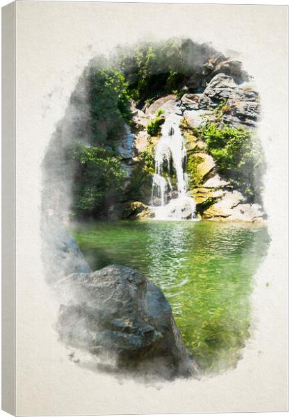 small waterfall in Corsica in watercolor Canvas Print by youri Mahieu