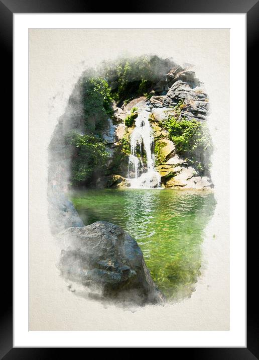 small waterfall in Corsica in watercolor Framed Mounted Print by youri Mahieu