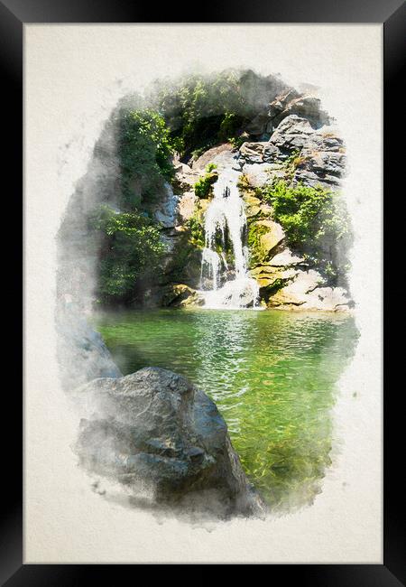 small waterfall in Corsica in watercolor Framed Print by youri Mahieu