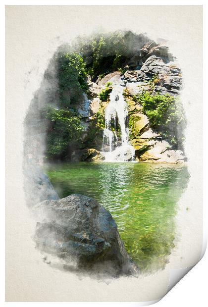 small waterfall in Corsica in watercolor Print by youri Mahieu