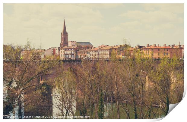 Lot river with old bridge and town, Montauban, Lot, Occitanie, F Print by Laurent Renault