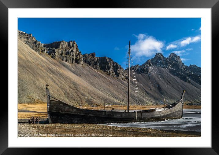 Viking Ship at Mountain Vestrahorn Iceland Framed Mounted Print by Hörður Vilhjálmsson