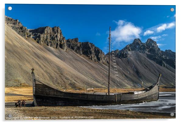 Viking Ship at Mountain Vestrahorn Iceland Acrylic by Hörður Vilhjálmsson