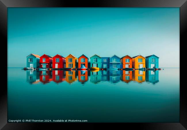Tranquil seascape featuring a floating island of colourful houses Framed Print by Phill Thornton