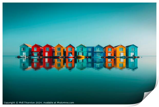 Tranquil seascape featuring a floating island of colourful houses Print by Phill Thornton