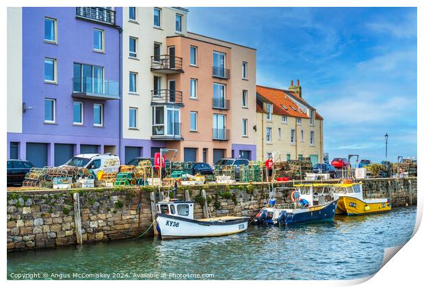Colourful quayside buildings on St Andrews harbour Print by Angus McComiskey