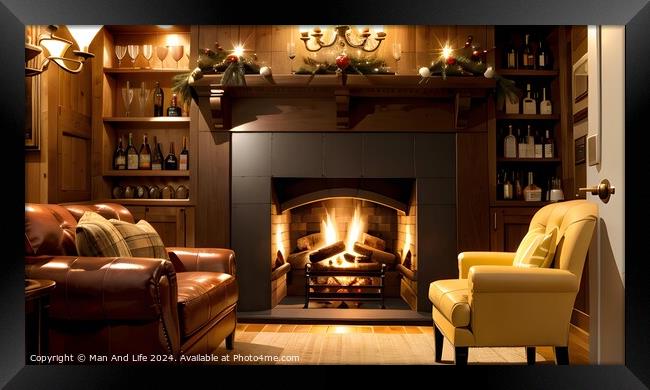 Cozy living room with a lit fireplace, leather sofas, and a wooden bookshelf filled with books and wine bottles. Framed Print by Man And Life