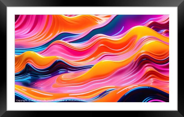 Vibrant abstract wavy background in pink, orange, and blue hues, suitable for dynamic wallpaper or graphic design. Framed Mounted Print by Man And Life