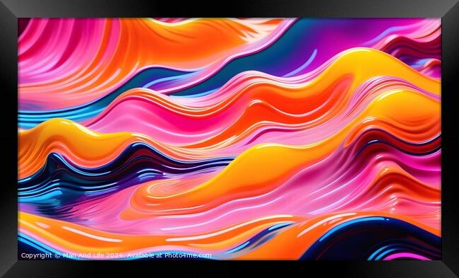 Vibrant abstract wavy background in pink, orange, and blue hues, suitable for dynamic wallpaper or graphic design. Framed Print by Man And Life