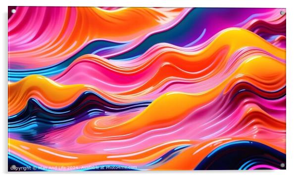 Vibrant abstract wavy background in pink, orange, and blue hues, suitable for dynamic wallpaper or graphic design. Acrylic by Man And Life