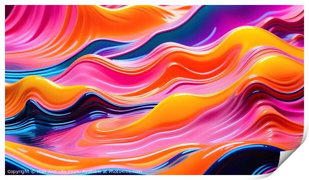 Vibrant abstract wavy background in pink, orange, and blue hues, suitable for dynamic wallpaper or graphic design. Print by Man And Life