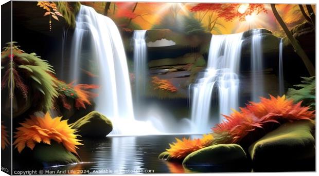 Tranquil autumn waterfall scene with vibrant foliage, flowing water, and serene pond, ideal for seasonal backgrounds or nature themes. Canvas Print by Man And Life