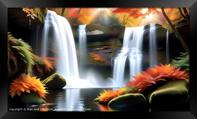 Tranquil autumn waterfall scene with vibrant foliage, flowing water, and serene pond, ideal for seasonal backgrounds or nature themes. Framed Print by Man And Life