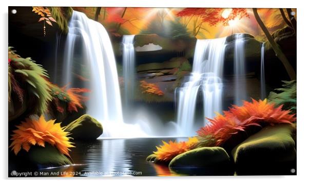 Tranquil autumn waterfall scene with vibrant foliage, flowing water, and serene pond, ideal for seasonal backgrounds or nature themes. Acrylic by Man And Life