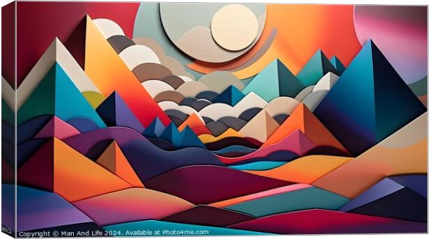 Abstract geometric landscape with colorful paper layers forming mountains and waves under a stylized sun, suitable for creative backgrounds. Canvas Print by Man And Life