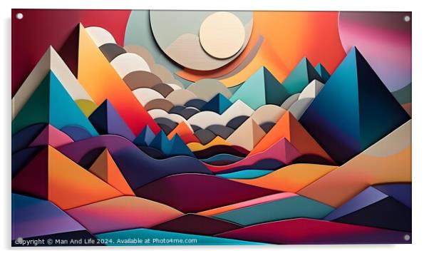 Abstract geometric landscape with colorful paper layers forming mountains and waves under a stylized sun, suitable for creative backgrounds. Acrylic by Man And Life