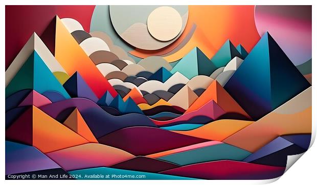 Abstract geometric landscape with colorful paper layers forming mountains and waves under a stylized sun, suitable for creative backgrounds. Print by Man And Life