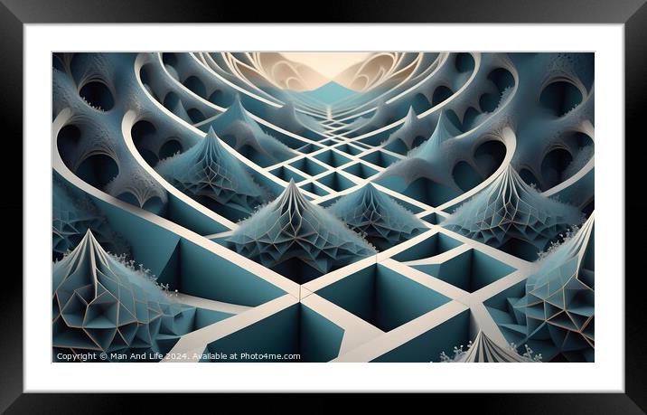 Abstract fractal art with intricate patterns and cool-toned colors, suitable for backgrounds or concept designs. Framed Mounted Print by Man And Life