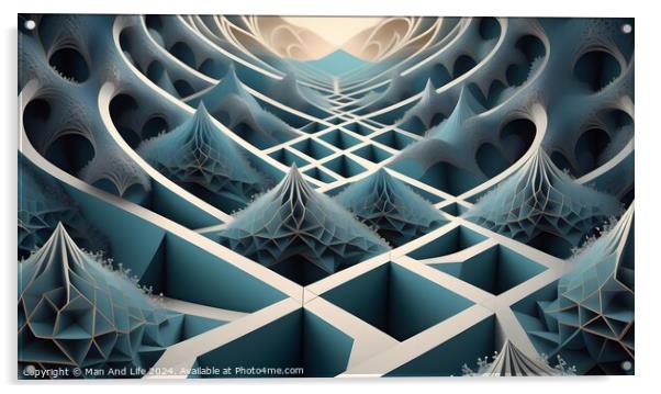 Abstract fractal art with intricate patterns and cool-toned colors, suitable for backgrounds or concept designs. Acrylic by Man And Life