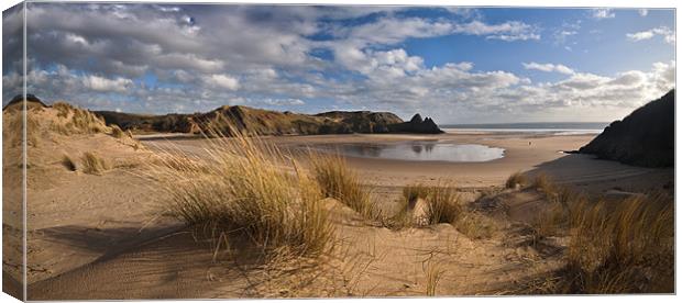 Three Cliffs Bay panorama Canvas Print by Creative Photography Wales