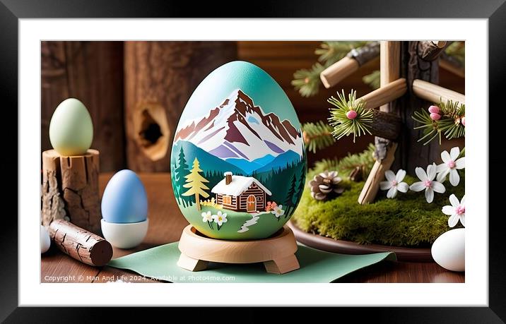 Hand-painted Easter egg with mountain landscape, surrounded by spring decor. Framed Mounted Print by Man And Life