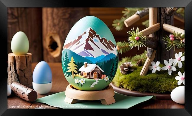 Hand-painted Easter egg with mountain landscape, surrounded by spring decor. Framed Print by Man And Life