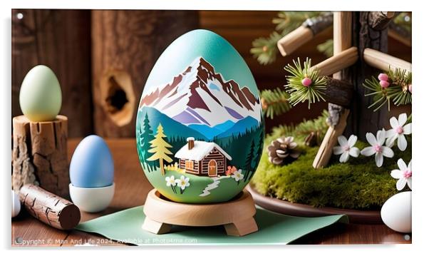 Hand-painted Easter egg with mountain landscape, surrounded by spring decor. Acrylic by Man And Life