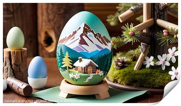 Hand-painted Easter egg with mountain landscape, surrounded by spring decor. Print by Man And Life