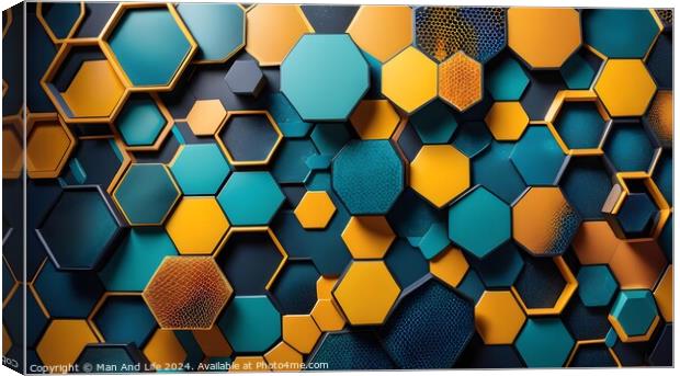 Abstract hexagonal pattern background in blue and gold with a modern, geometric design. Suitable for technology, science, and modern art themes. Canvas Print by Man And Life