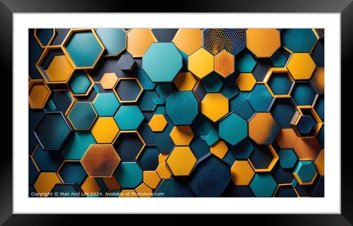 Abstract hexagonal pattern background in blue and gold with a modern, geometric design. Suitable for technology, science, and modern art themes. Framed Mounted Print by Man And Life