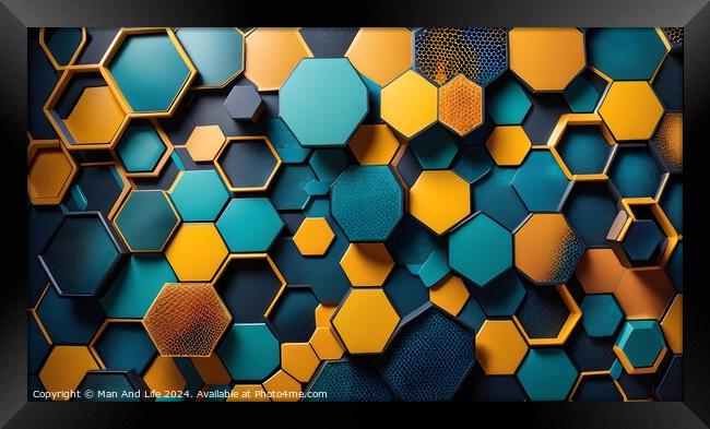 Abstract hexagonal pattern background in blue and gold with a modern, geometric design. Suitable for technology, science, and modern art themes. Framed Print by Man And Life