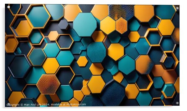 Abstract hexagonal pattern background in blue and gold with a modern, geometric design. Suitable for technology, science, and modern art themes. Acrylic by Man And Life
