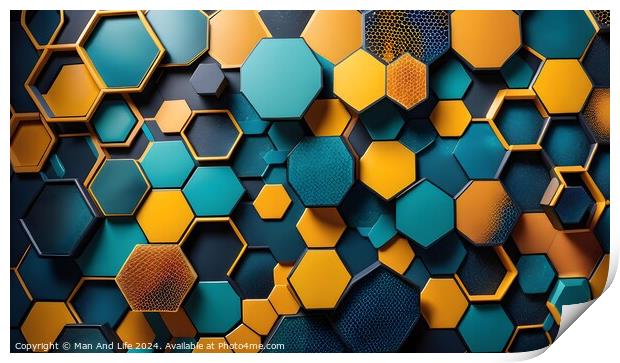 Abstract hexagonal pattern background in blue and gold with a modern, geometric design. Suitable for technology, science, and modern art themes. Print by Man And Life