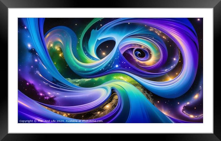 Vibrant abstract cosmic background with swirling patterns and bright colors, resembling a surreal galaxy or nebula. Framed Mounted Print by Man And Life