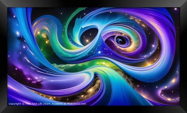 Vibrant abstract cosmic background with swirling patterns and bright colors, resembling a surreal galaxy or nebula. Framed Print by Man And Life