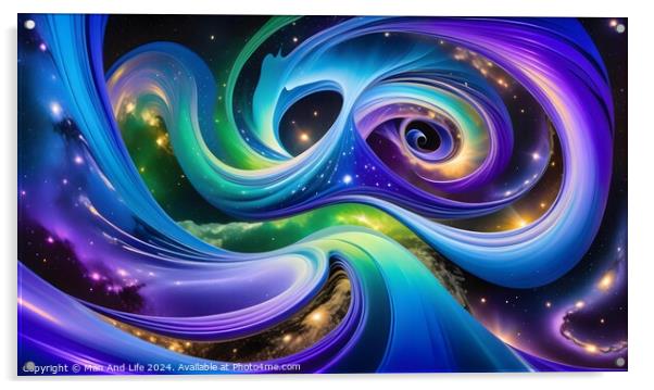 Vibrant abstract cosmic background with swirling patterns and bright colors, resembling a surreal galaxy or nebula. Acrylic by Man And Life