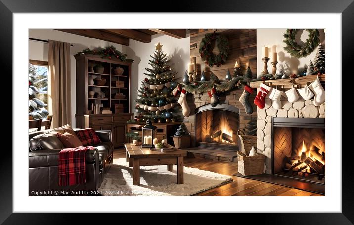 Cozy Christmas living room with decorated tree, fireplace, and stockings. Framed Mounted Print by Man And Life