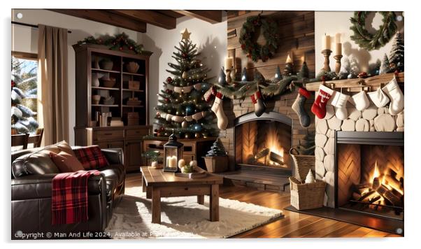 Cozy Christmas living room with decorated tree, fireplace, and stockings. Acrylic by Man And Life
