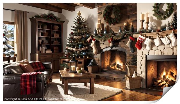 Cozy Christmas living room with decorated tree, fireplace, and stockings. Print by Man And Life