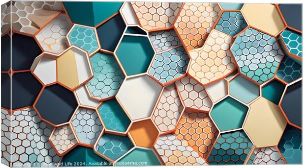Abstract geometric background of hexagonal tiles in shades of blue, beige, and white with varying patterns and textures. Ideal for modern design concepts. Canvas Print by Man And Life