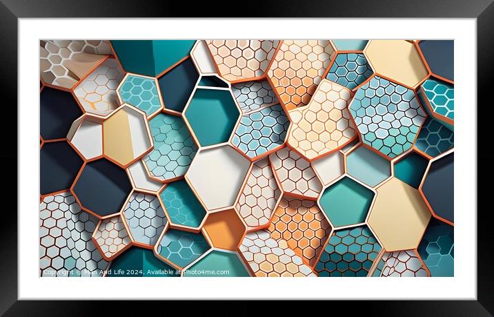 Abstract geometric background of hexagonal tiles in shades of blue, beige, and white with varying patterns and textures. Ideal for modern design concepts. Framed Mounted Print by Man And Life