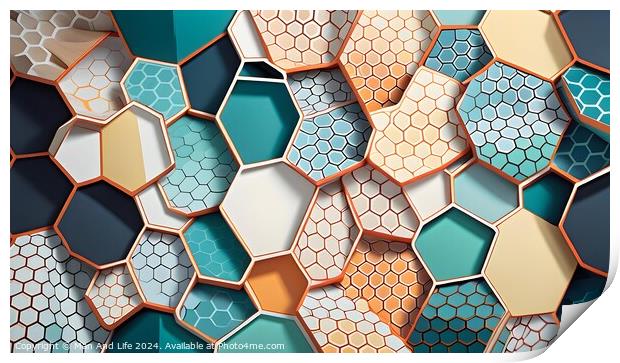 Abstract geometric background of hexagonal tiles in shades of blue, beige, and white with varying patterns and textures. Ideal for modern design concepts. Print by Man And Life