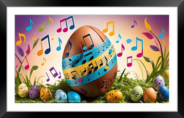Colorful Easter eggs with musical notes and clefs on a whimsical background, symbolizing a festive celebration of Easter with music and joy. Framed Mounted Print by Man And Life