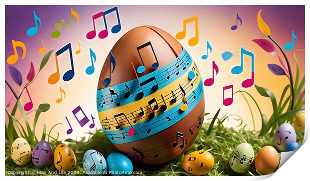 Colorful Easter eggs with musical notes and clefs on a whimsical background, symbolizing a festive celebration of Easter with music and joy. Print by Man And Life