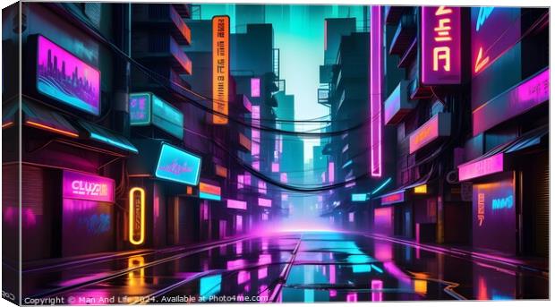 Futuristic neon-lit city street with glowing signs and reflections on wet surface, cyberpunk urban concept. Canvas Print by Man And Life