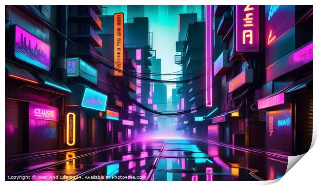 Futuristic neon-lit city street with glowing signs and reflections on wet surface, cyberpunk urban concept. Print by Man And Life