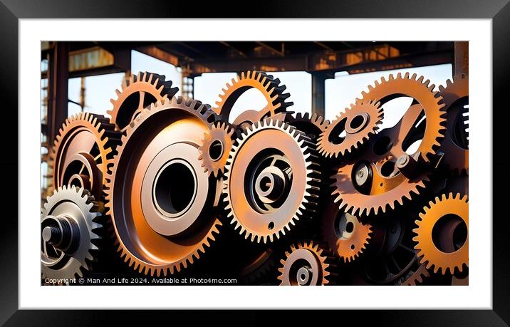 Assorted metal gears and cogs with industrial look on a dark background. Framed Mounted Print by Man And Life