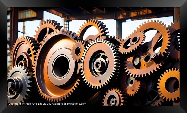 Assorted metal gears and cogs with industrial look on a dark background. Framed Print by Man And Life
