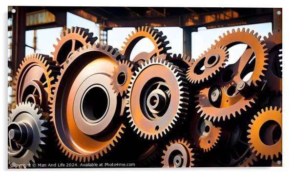 Assorted metal gears and cogs with industrial look on a dark background. Acrylic by Man And Life