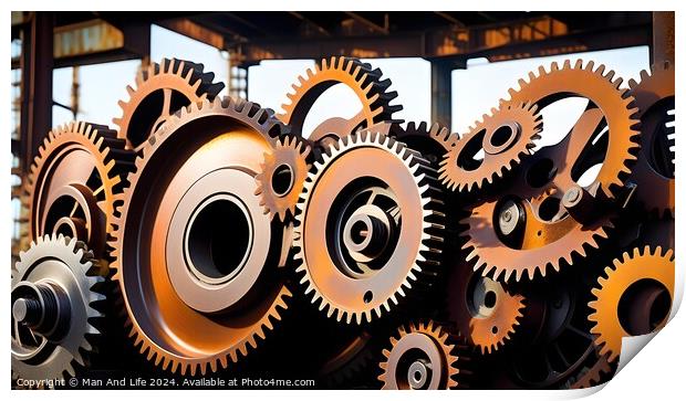 Assorted metal gears and cogs with industrial look on a dark background. Print by Man And Life